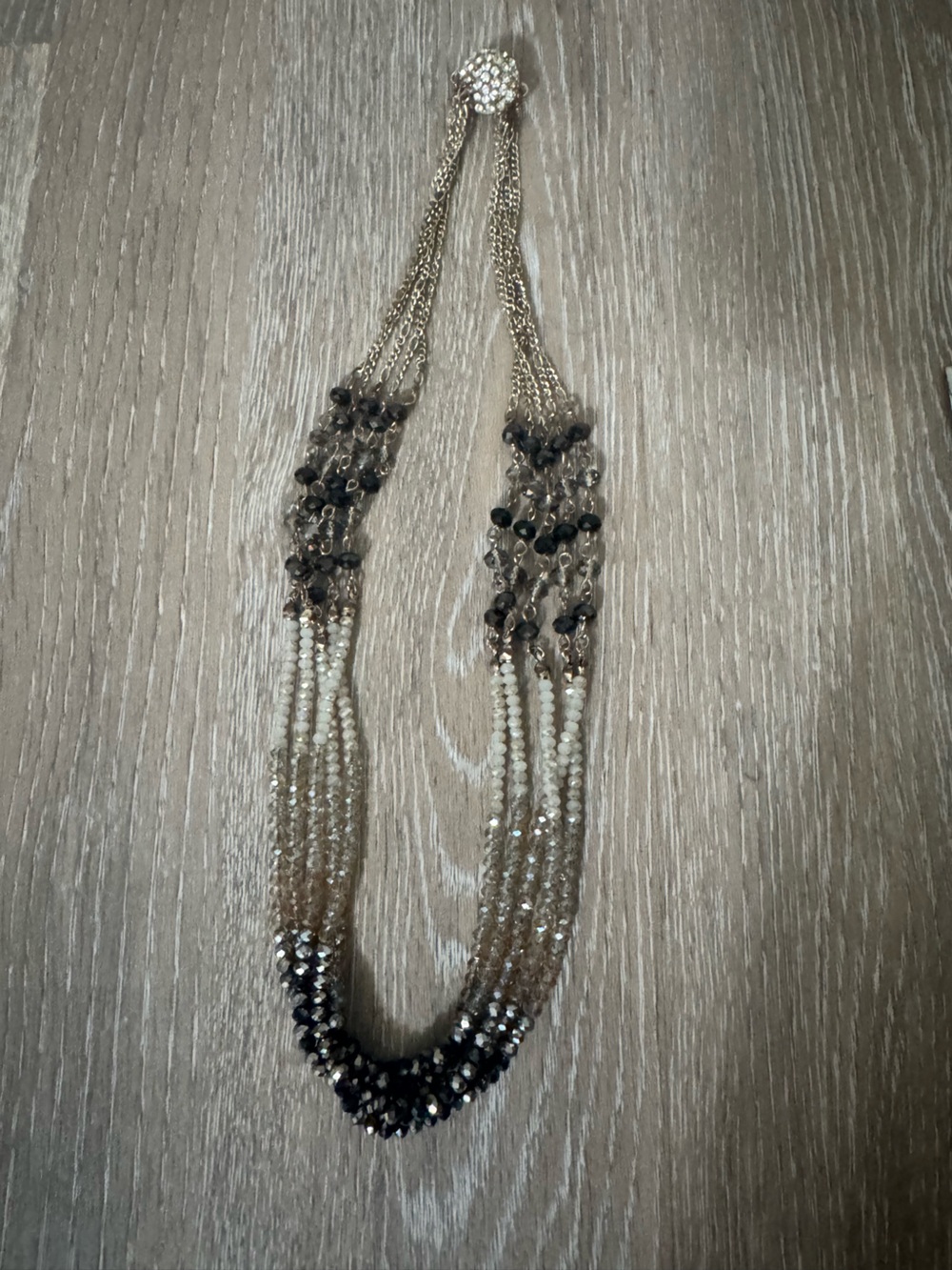 Multi-Strand Black & Clear Crystal Beaded Statement Necklace Magnetic Ball Clasp